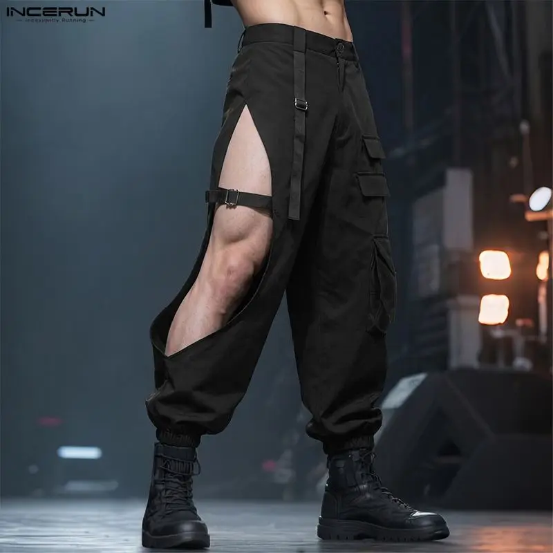 INCERUN Men Pants Solid Button Hollow Out Fashion Cargo Pants For Man Streetwear Joggers 2026 Fashion Casual Trousers Pantalones