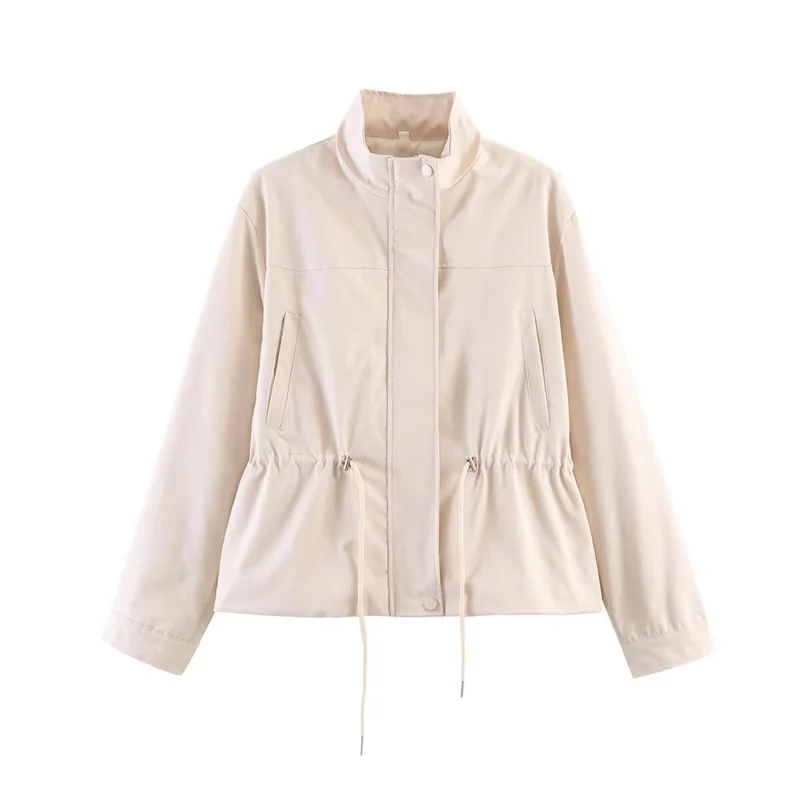 Women's Jacket 2026 New Fashion Long-Sleeve Drawstring Waist Stand-Collar Jacket Casual Chic Personality Autumn Ladies Coat