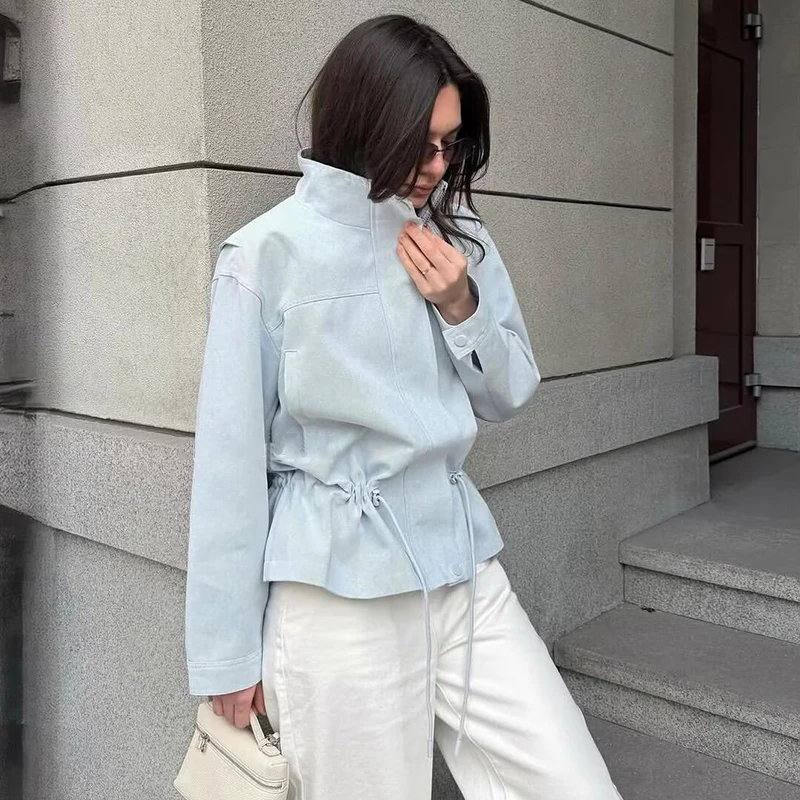 Women's Jacket 2026 New Fashion Long-Sleeve Drawstring Waist Stand-Collar Jacket Casual Chic Personality Autumn Ladies Coat