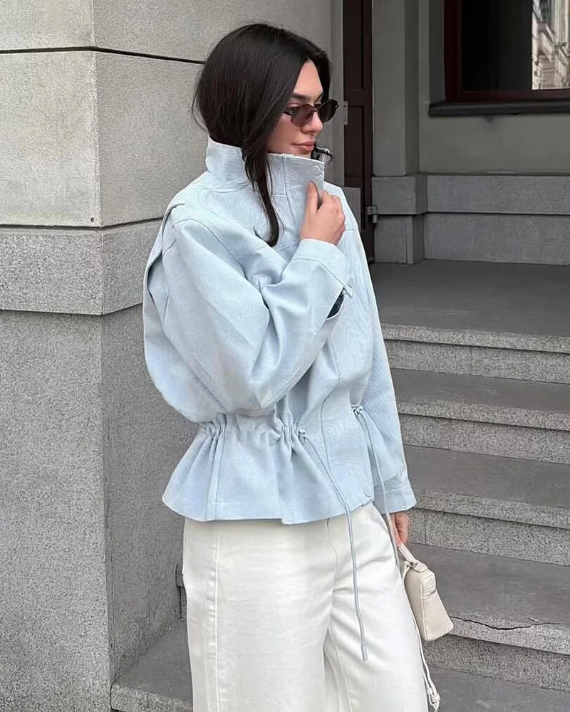 Women's Jacket 2026 New Fashion Long-Sleeve Drawstring Waist Stand-Collar Jacket Casual Chic Personality Autumn Ladies Coat