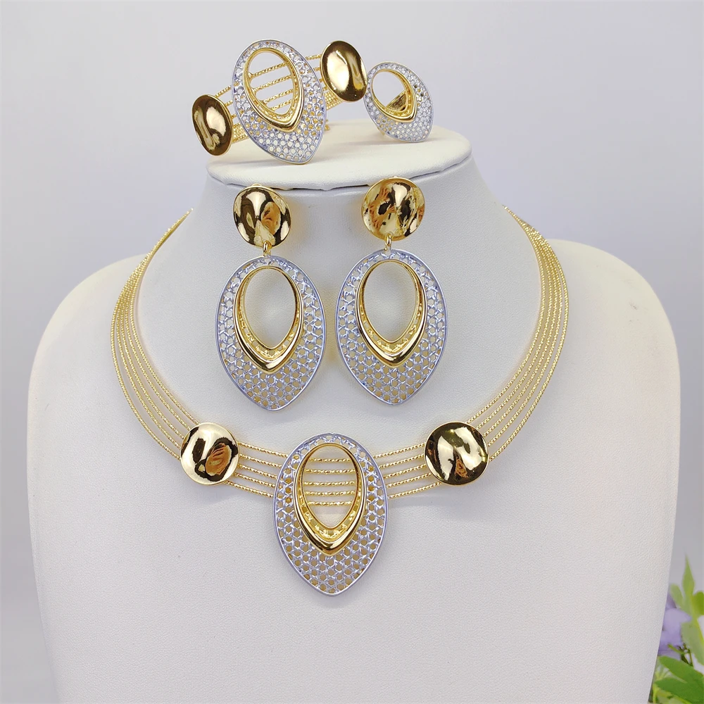 Two Tones Luxury Collar Necklace Earrings Bracelet Ring Big Size Choker 18K Gold Plated Jewelry Set Bridal Wedding Party Gifts