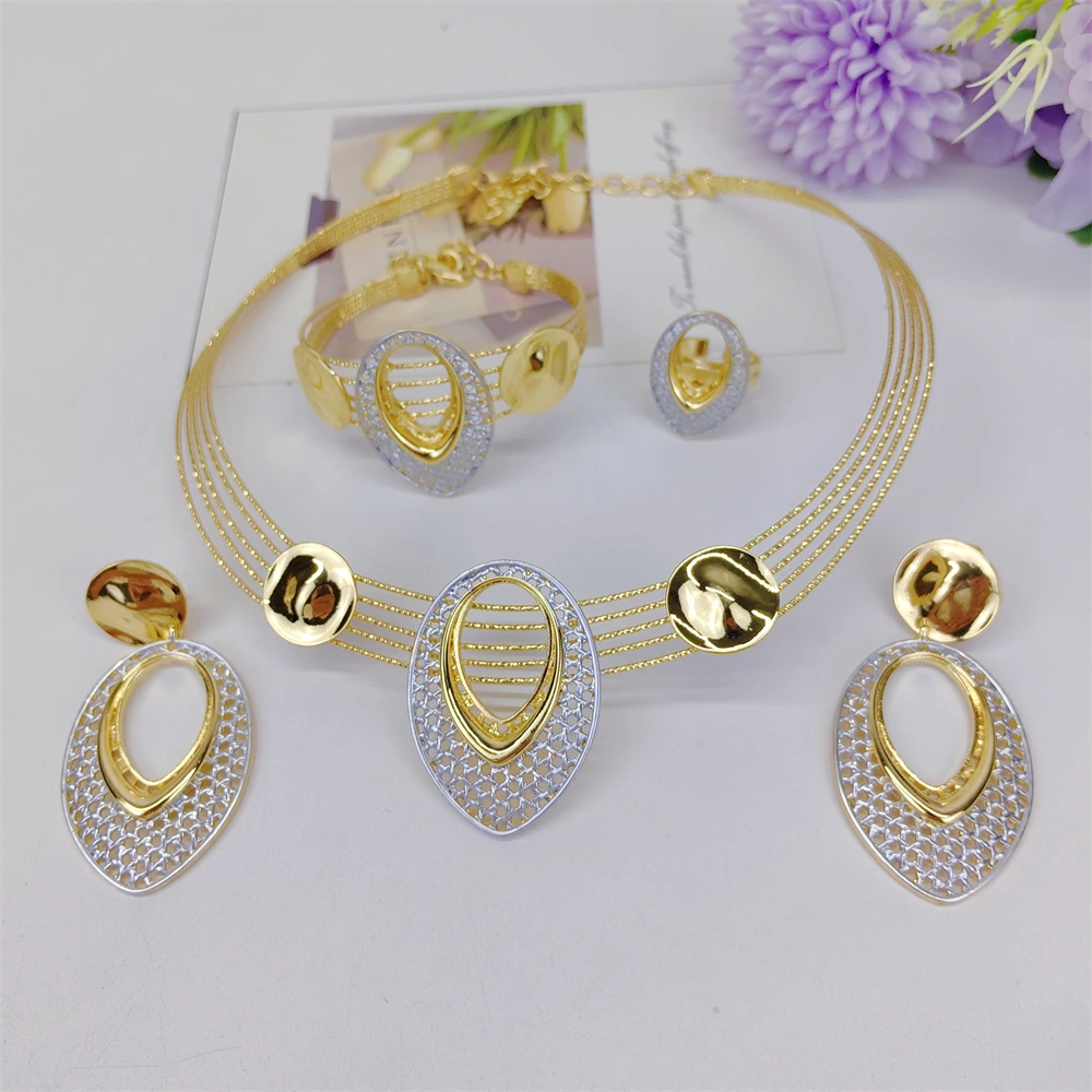 Two Tones Luxury Collar Necklace Earrings Bracelet Ring Big Size Choker 18K Gold Plated Jewelry Set Bridal Wedding Party Gifts