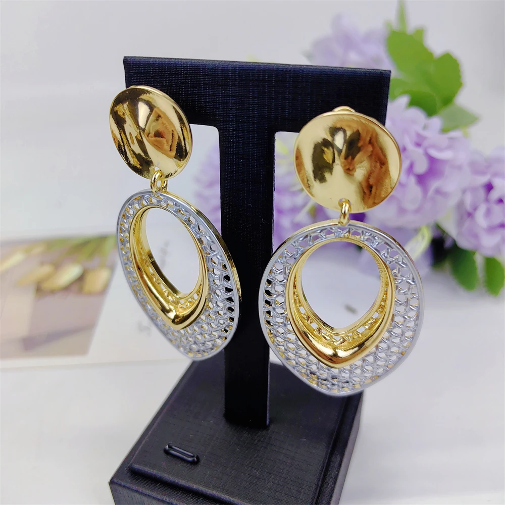 Two Tones Luxury Collar Necklace Earrings Bracelet Ring Big Size Choker 18K Gold Plated Jewelry Set Bridal Wedding Party Gifts