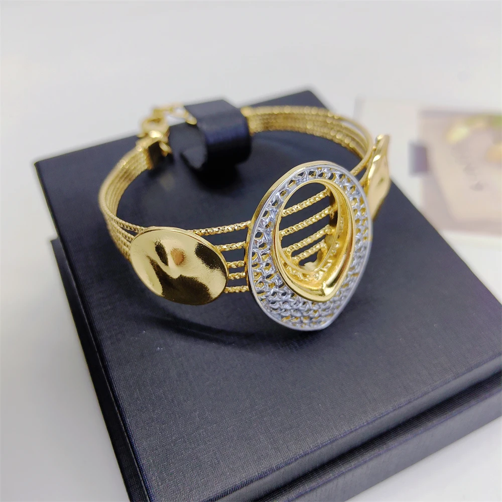 Two Tones Luxury Collar Necklace Earrings Bracelet Ring Big Size Choker 18K Gold Plated Jewelry Set Bridal Wedding Party Gifts