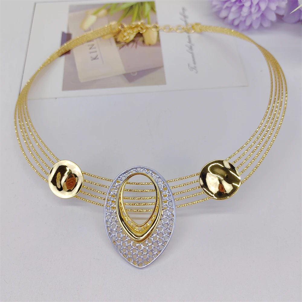 Two Tones Luxury Collar Necklace Earrings Bracelet Ring Big Size Choker 18K Gold Plated Jewelry Set Bridal Wedding Party Gifts