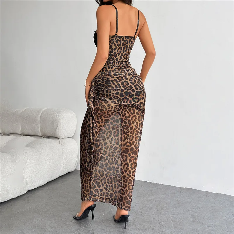 Shestyle Leopard Mesh Sexy Pencil Dress Women Summer Lace Sheer Chest Wrapping Sleeveless Animal Patchwork Skinny Transparent