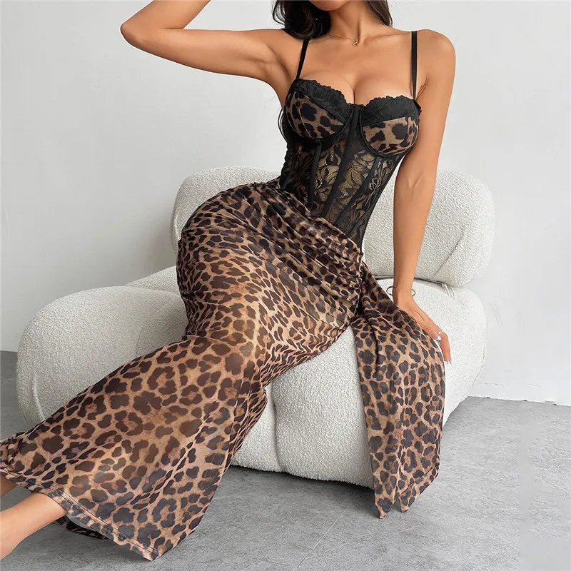 Shestyle Leopard Mesh Sexy Pencil Dress Women Summer Lace Sheer Chest Wrapping Sleeveless Animal Patchwork Skinny Transparent