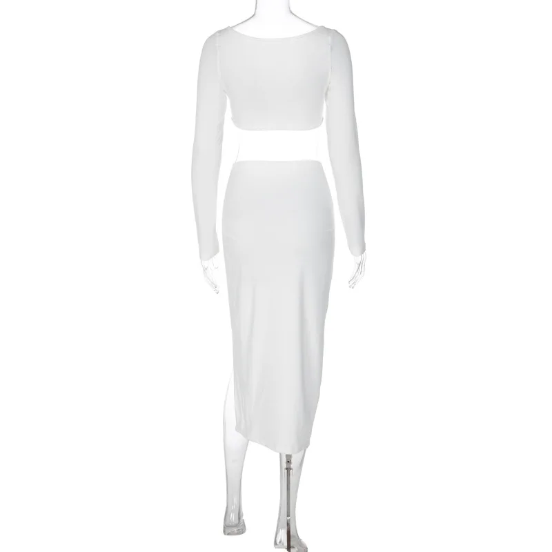 Cryptographic Ruched Long Sleeve Cropped Top and Skirt Co-ords Set Elegant Fashion Club Outfits Asymmetric Split Matching Sets