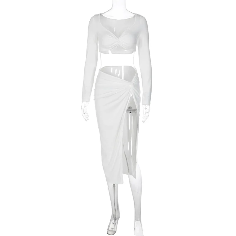 Cryptographic Ruched Long Sleeve Cropped Top and Skirt Co-ords Set Elegant Fashion Club Outfits Asymmetric Split Matching Sets