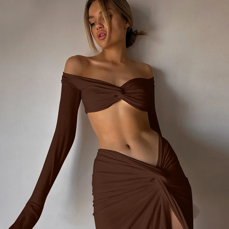 Cryptographic Ruched Long Sleeve Cropped Top and Skirt Co-ords Set Elegant Fashion Club Outfits Asymmetric Split Matching Sets