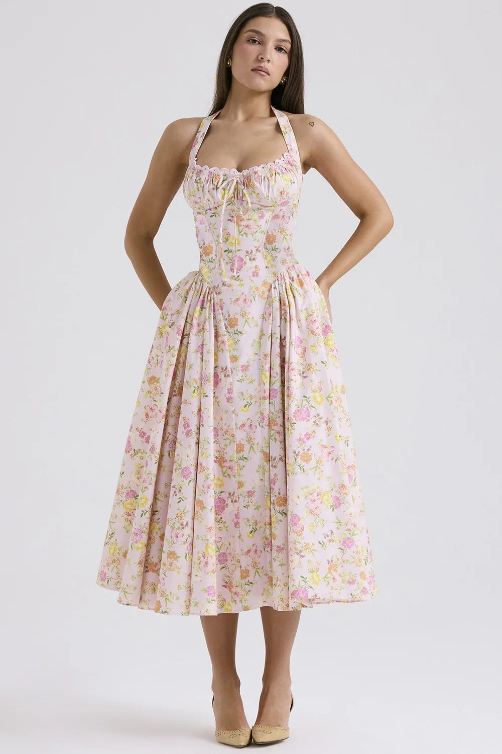 Vintage Floral Halter Midi Sundress Women's High Waist Pink Blue Black Red Dresses Summer Dresses Female Birthday Robe 2025 New