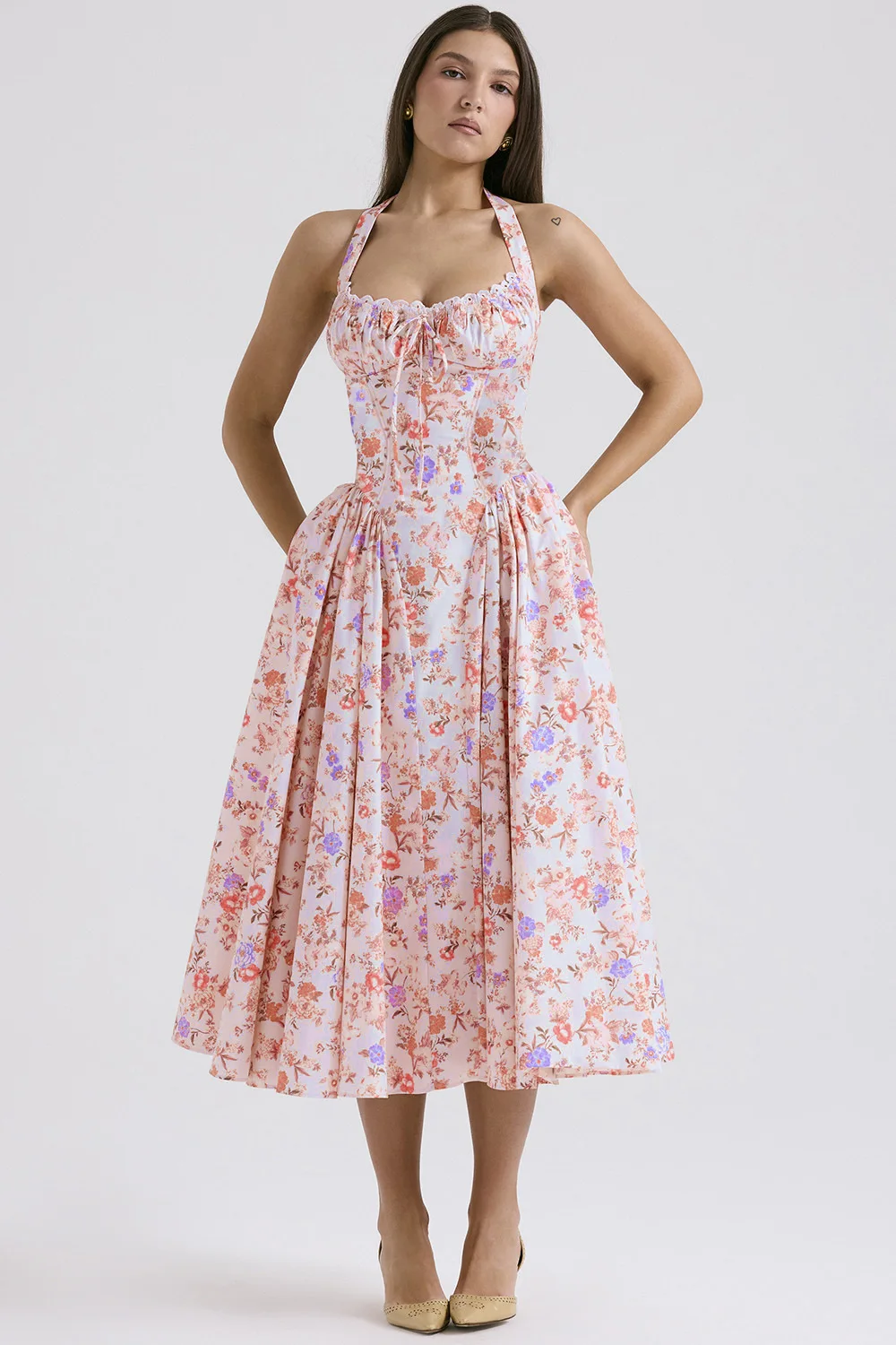 Vintage Floral Halter Midi Sundress Women's High Waist Pink Blue Black Red Dresses Summer Dresses Female Birthday Robe 2025 New