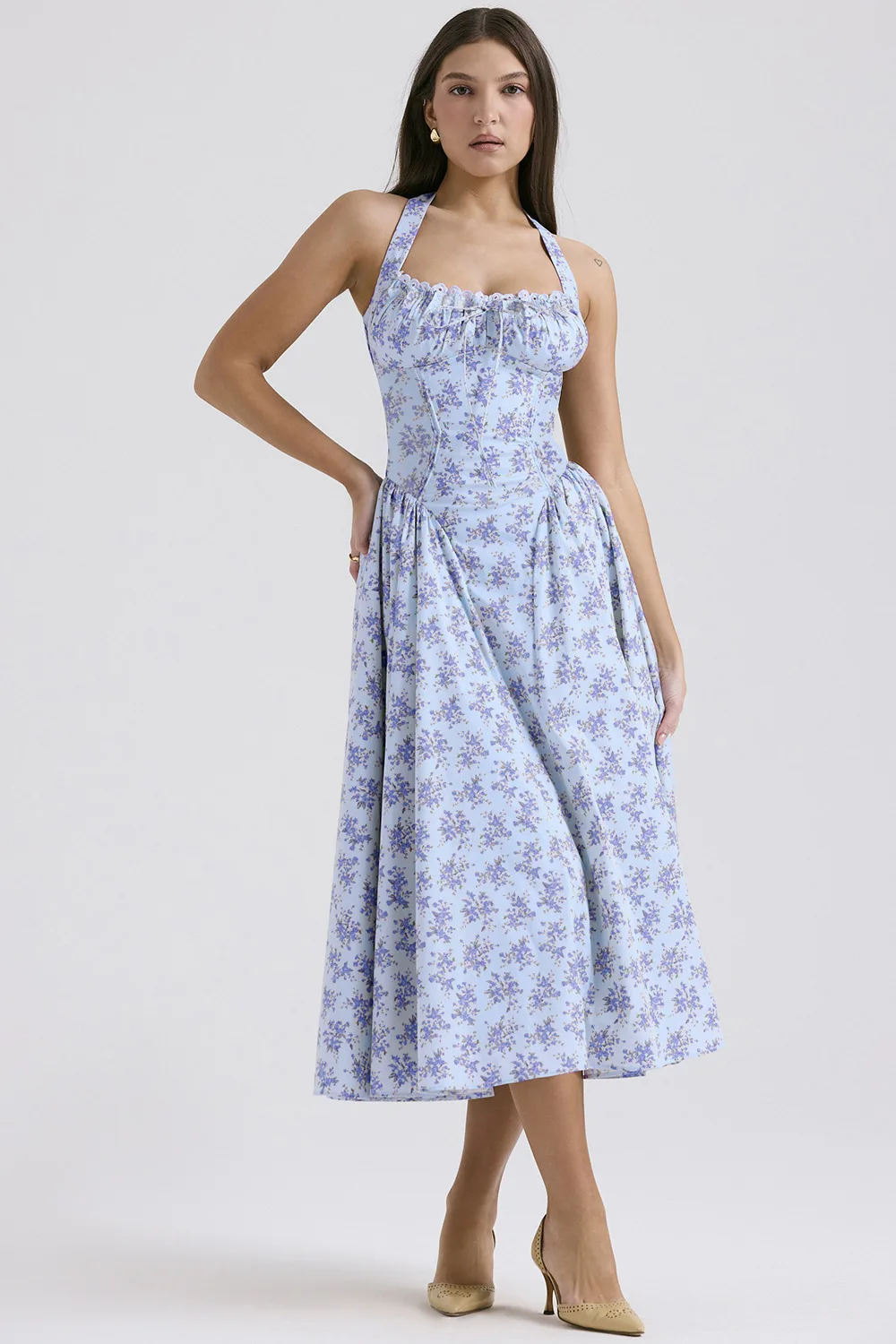 Vintage Floral Halter Midi Sundress Women's High Waist Pink Blue Black Red Dresses Summer Dresses Female Birthday Robe 2025 New