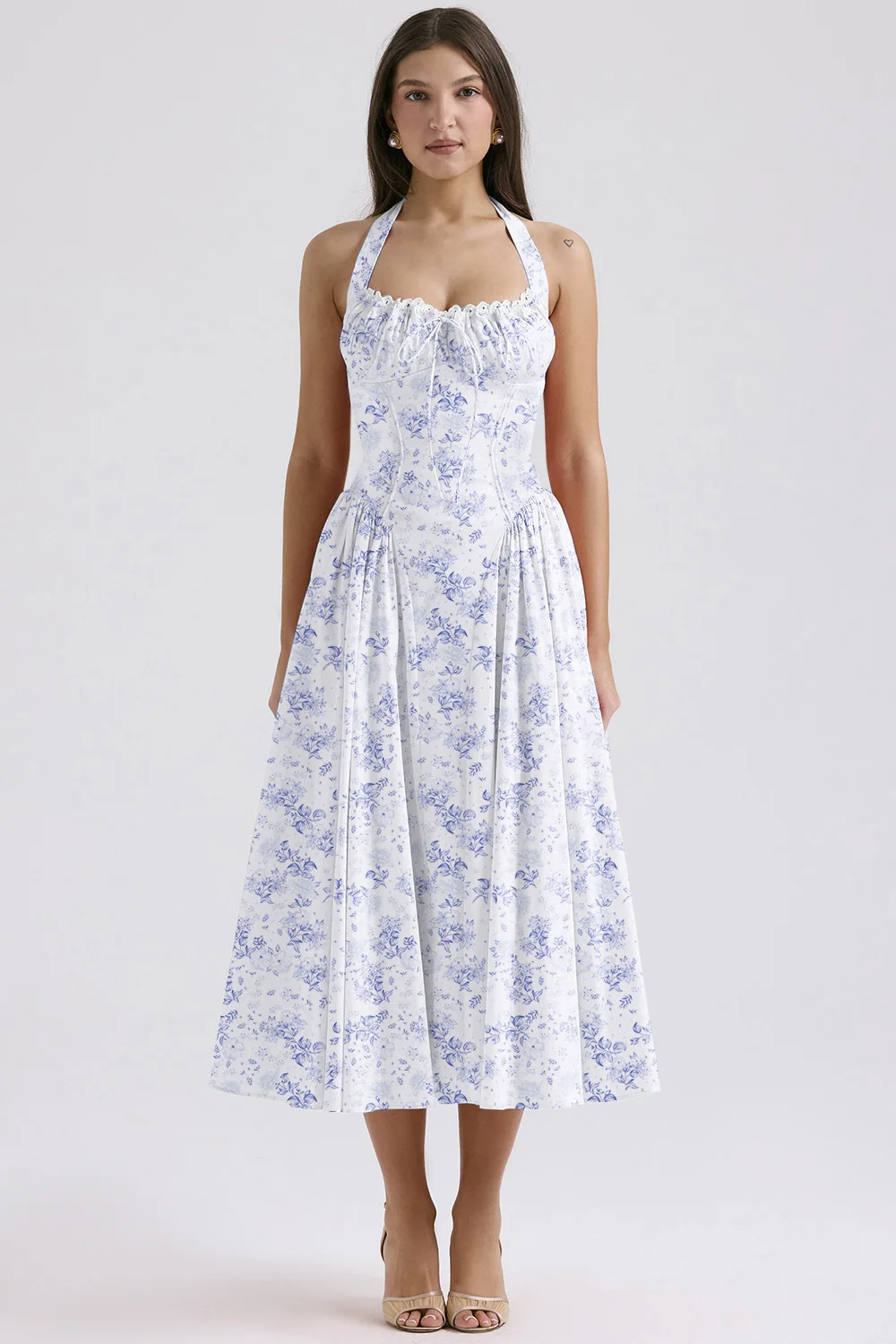 Vintage Floral Halter Midi Sundress Women's High Waist Pink Blue Black Red Dresses Summer Dresses Female Birthday Robe 2025 New