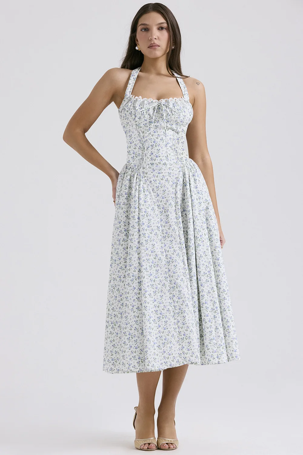 Vintage Floral Halter Midi Sundress Women's High Waist Pink Blue Black Red Dresses Summer Dresses Female Birthday Robe 2025 New