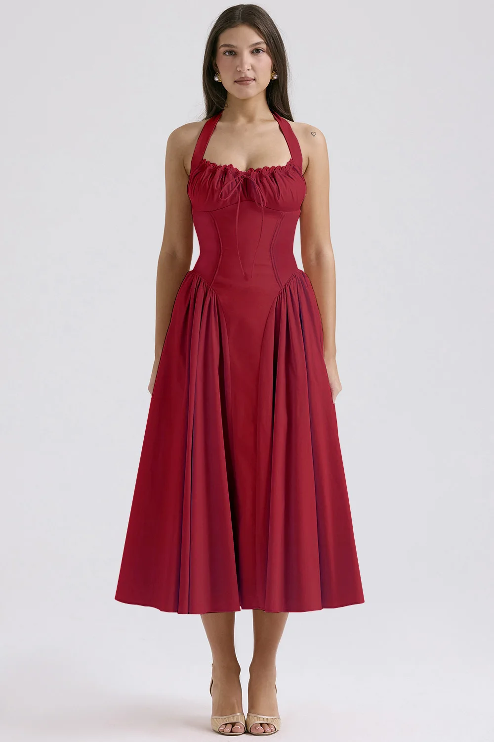 Vintage Floral Halter Midi Sundress Women's High Waist Pink Blue Black Red Dresses Summer Dresses Female Birthday Robe 2025 New