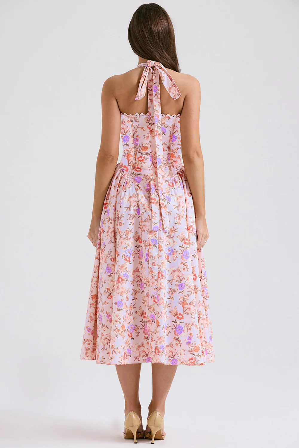 Vintage Floral Halter Midi Sundress Women's High Waist Pink Blue Black Red Dresses Summer Dresses Female Birthday Robe 2025 New