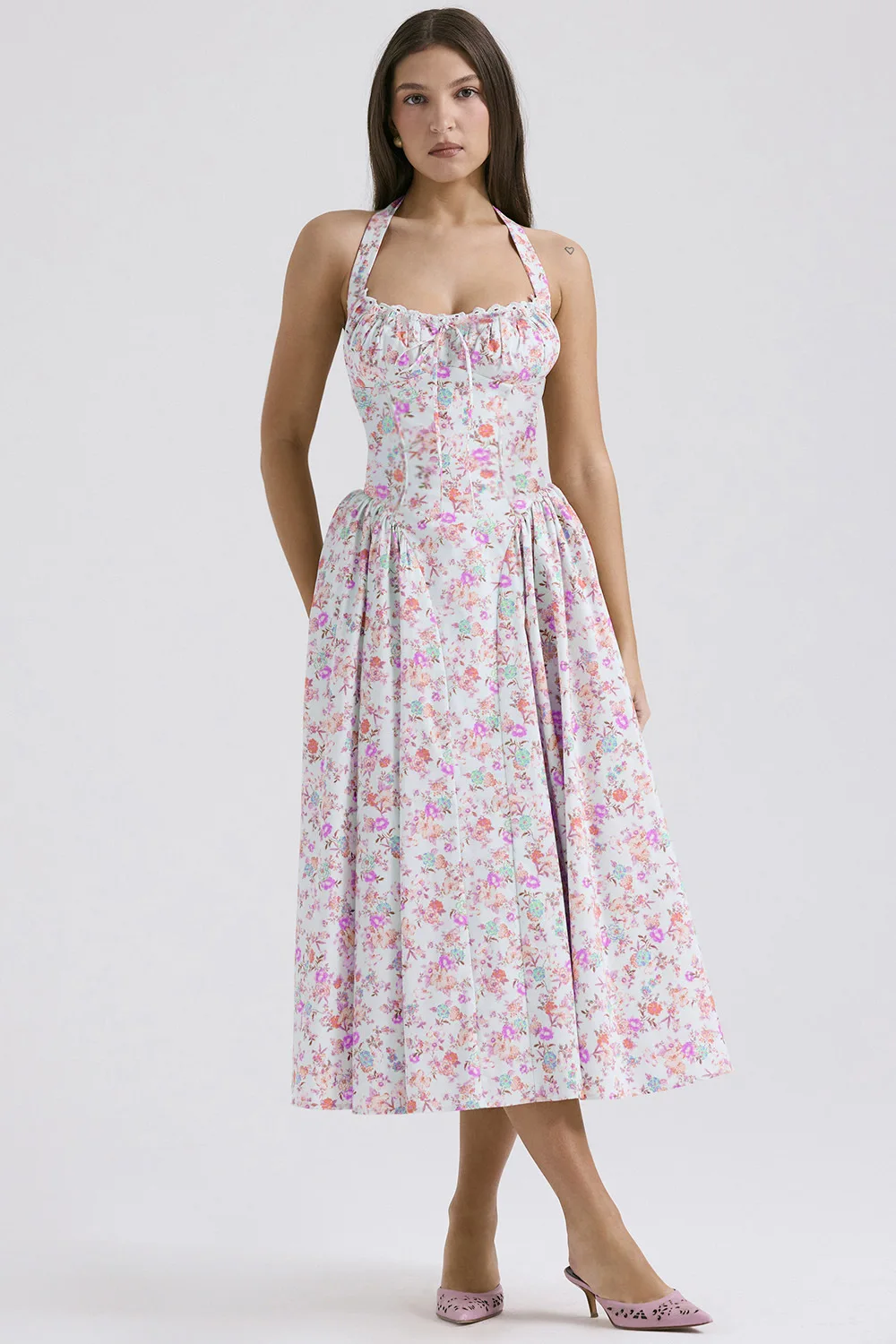 Vintage Floral Halter Midi Sundress Women's High Waist Pink Blue Black Red Dresses Summer Dresses Female Birthday Robe 2025 New