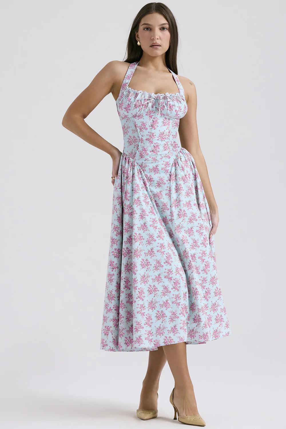 Vintage Floral Halter Midi Sundress Women's High Waist Pink Blue Black Red Dresses Summer Dresses Female Birthday Robe 2025 New