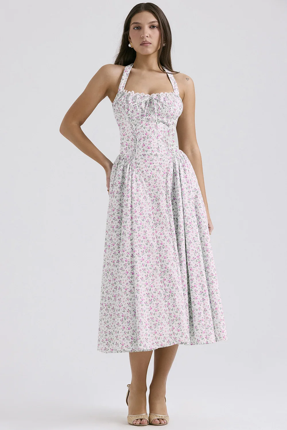 Vintage Floral Halter Midi Sundress Women's High Waist Pink Blue Black Red Dresses Summer Dresses Female Birthday Robe 2025 New