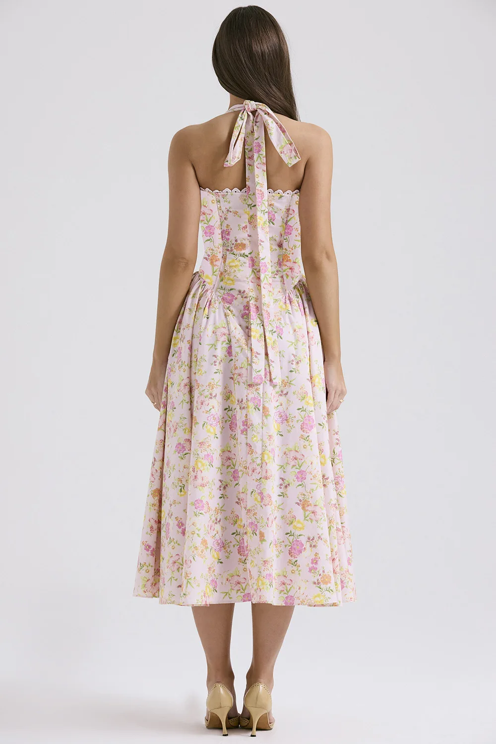 Vintage Floral Halter Midi Sundress Women's High Waist Pink Blue Black Red Dresses Summer Dresses Female Birthday Robe 2025 New