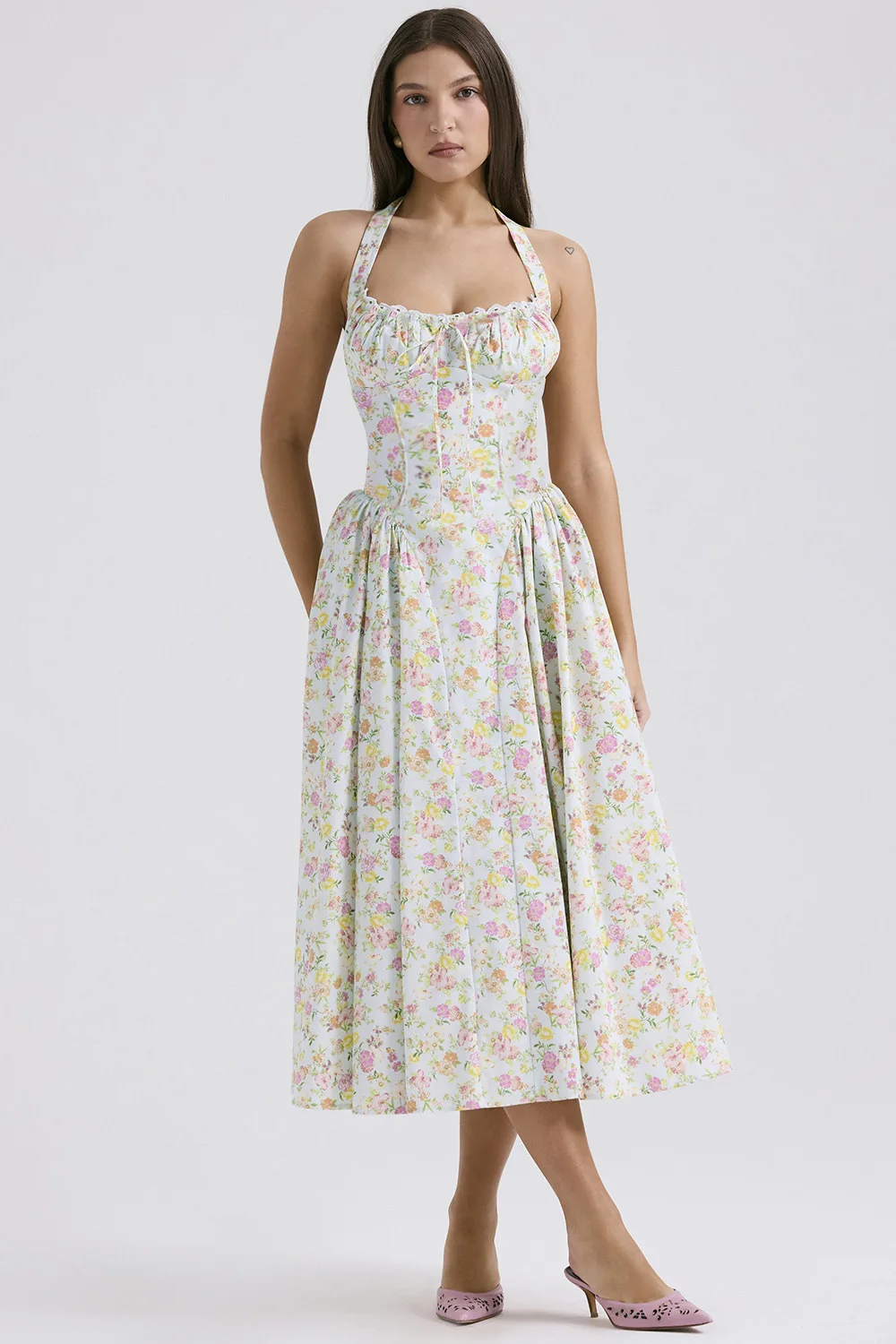 Vintage Floral Halter Midi Sundress Women's High Waist Pink Blue Black Red Dresses Summer Dresses Female Birthday Robe 2025 New