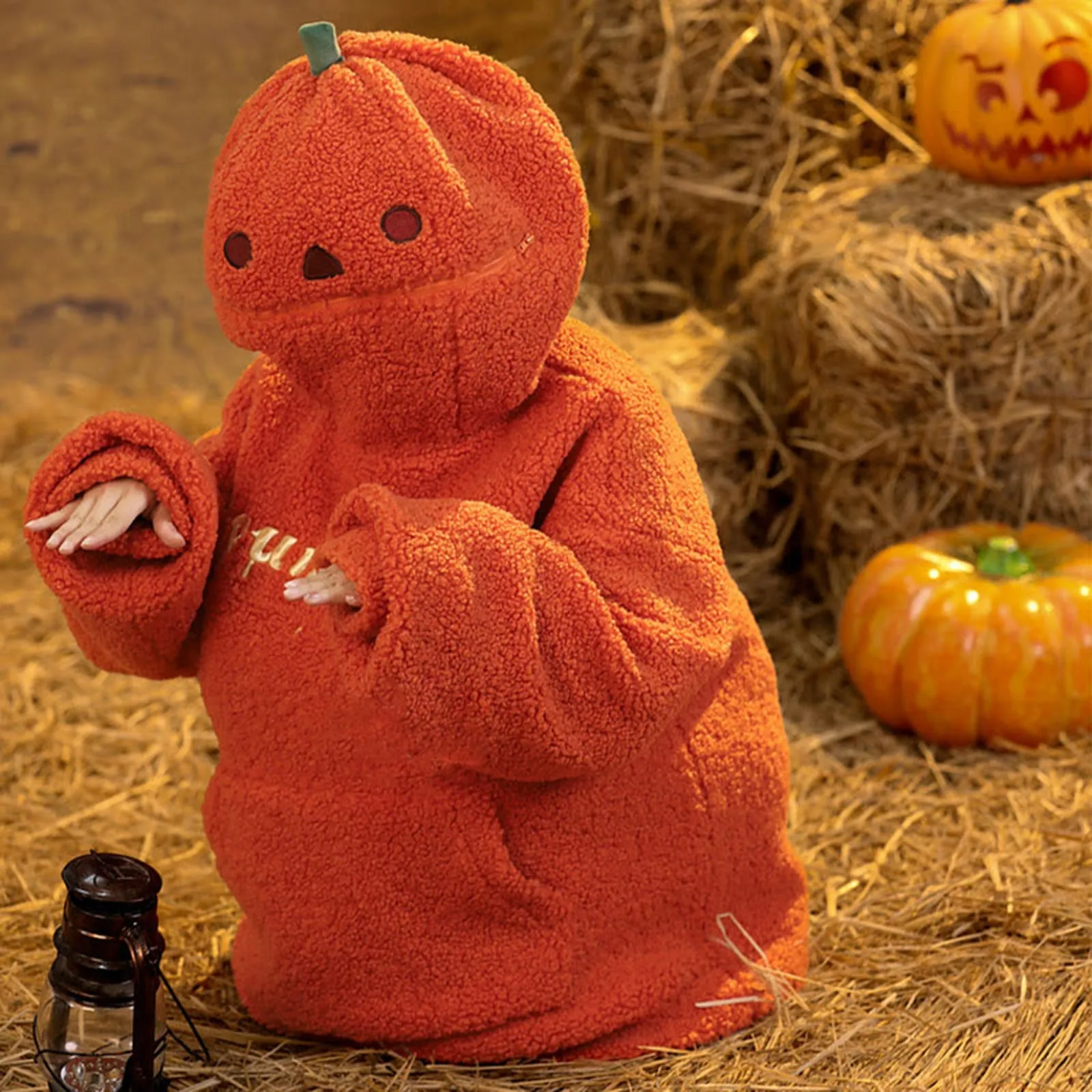Women's Halloween Pumpkin Shaped Hoodie Autumn Round Neck Hooded Sweatshirt Double-Faced Fleece Cute Halloween Sweater Tops