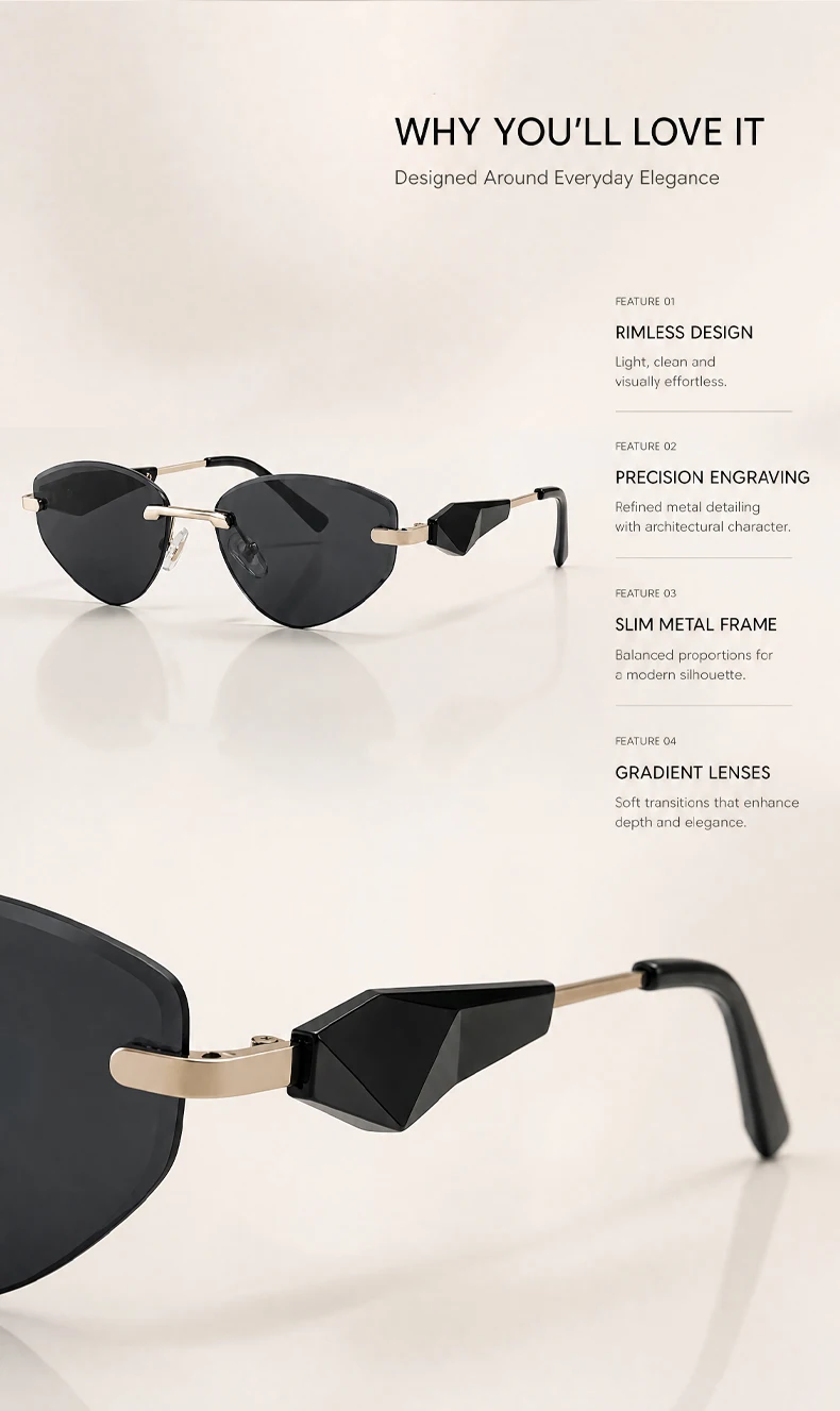 Sexy Cat Eye Rimless Punk Sunglasses Women New 2026 Luxury Designer Trendy Frameless Polygon Sun Glasses Vintage Metal Shades