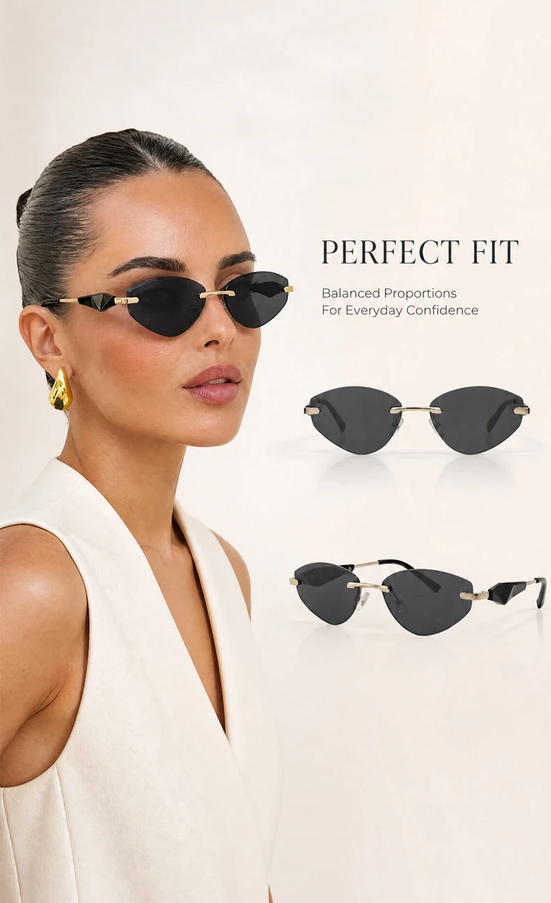 Sexy Cat Eye Rimless Punk Sunglasses Women New 2026 Luxury Designer Trendy Frameless Polygon Sun Glasses Vintage Metal Shades