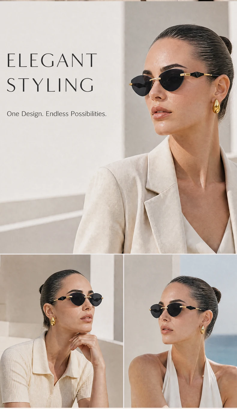Sexy Cat Eye Rimless Punk Sunglasses Women New 2026 Luxury Designer Trendy Frameless Polygon Sun Glasses Vintage Metal Shades