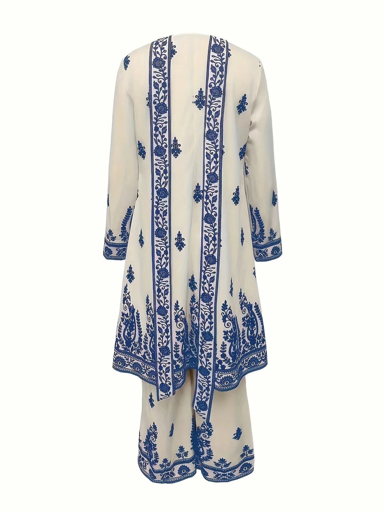 Plus Size Women's Off-White and Black Printed Three-Piece Set Ethnic Style Crew Neck Long Top Wide-Leg Pants and Headscarf Set