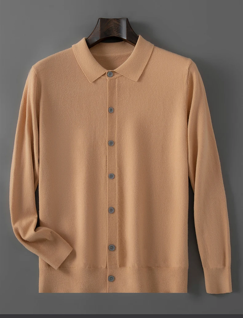 100% pure wool autumn sweater cardigan men Korean fashion solid color sweater loose men's shirt collar coat.