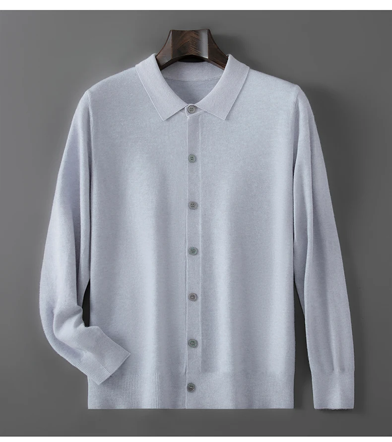 100% pure wool autumn sweater cardigan men Korean fashion solid color sweater loose men's shirt collar coat.