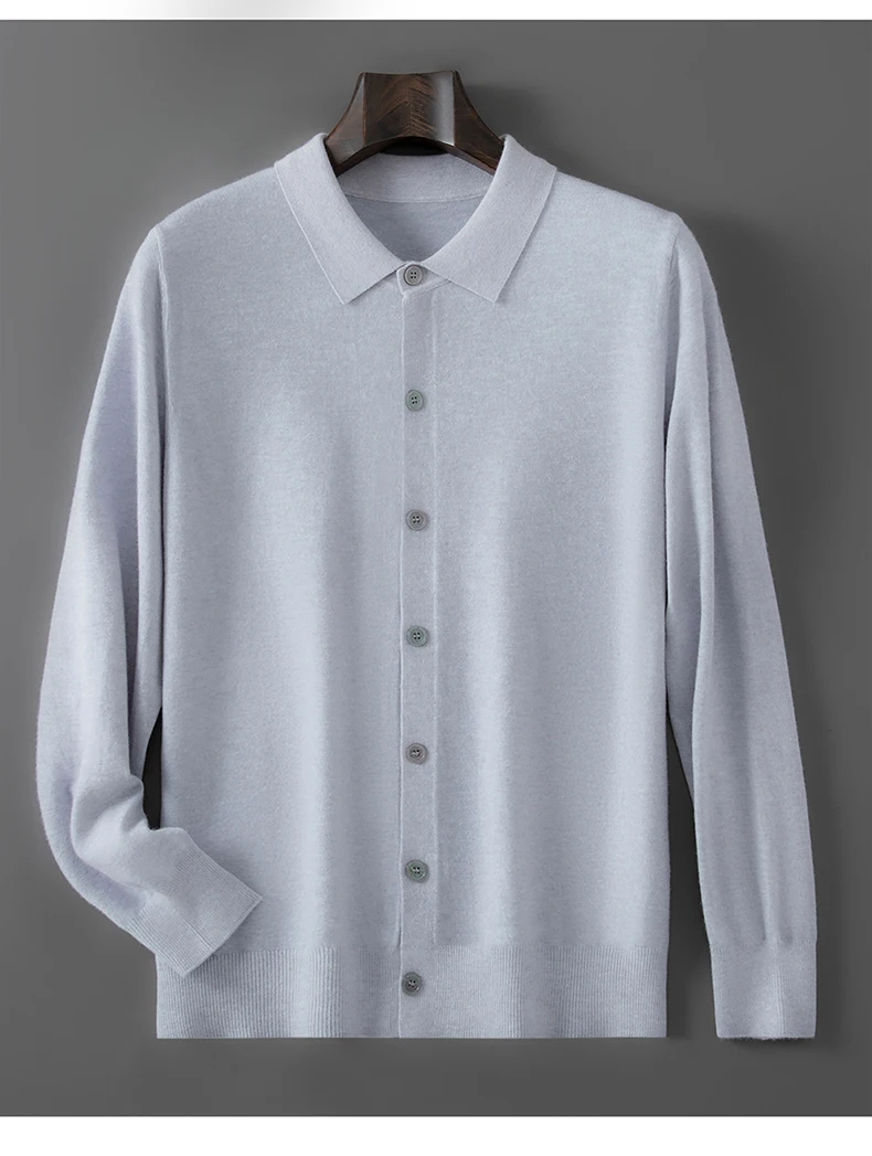 100% pure wool autumn sweater cardigan men Korean fashion solid color sweater loose men's shirt collar coat.