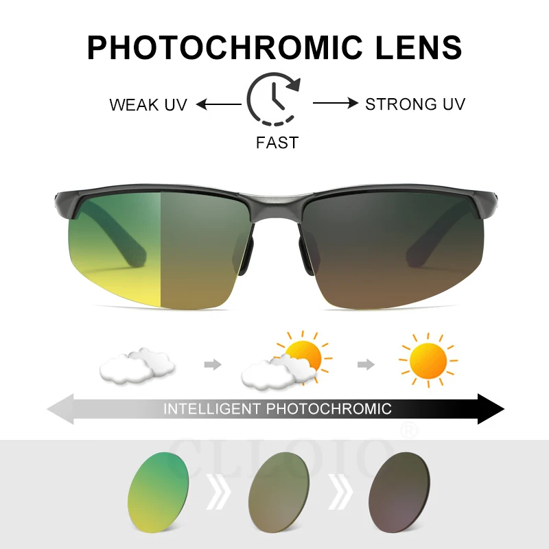 CLLOIO Photochromic Sunglasses Men Polarized Driving Chameleon Glasses Rimless Night Vision Outdoor Sport Travel Fishing Goggle