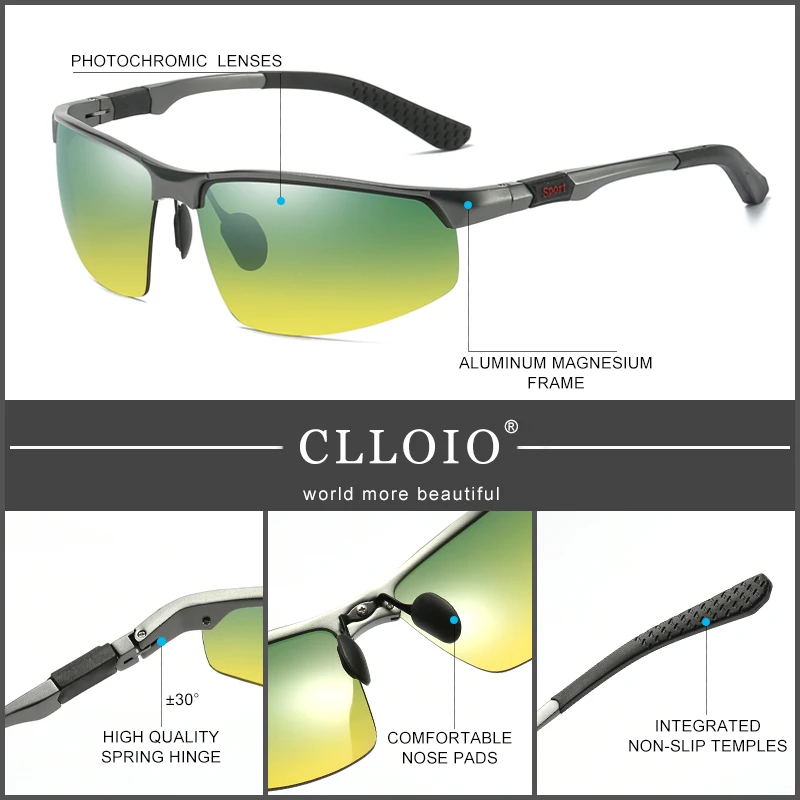 CLLOIO Photochromic Sunglasses Men Polarized Driving Chameleon Glasses Rimless Night Vision Outdoor Sport Travel Fishing Goggle