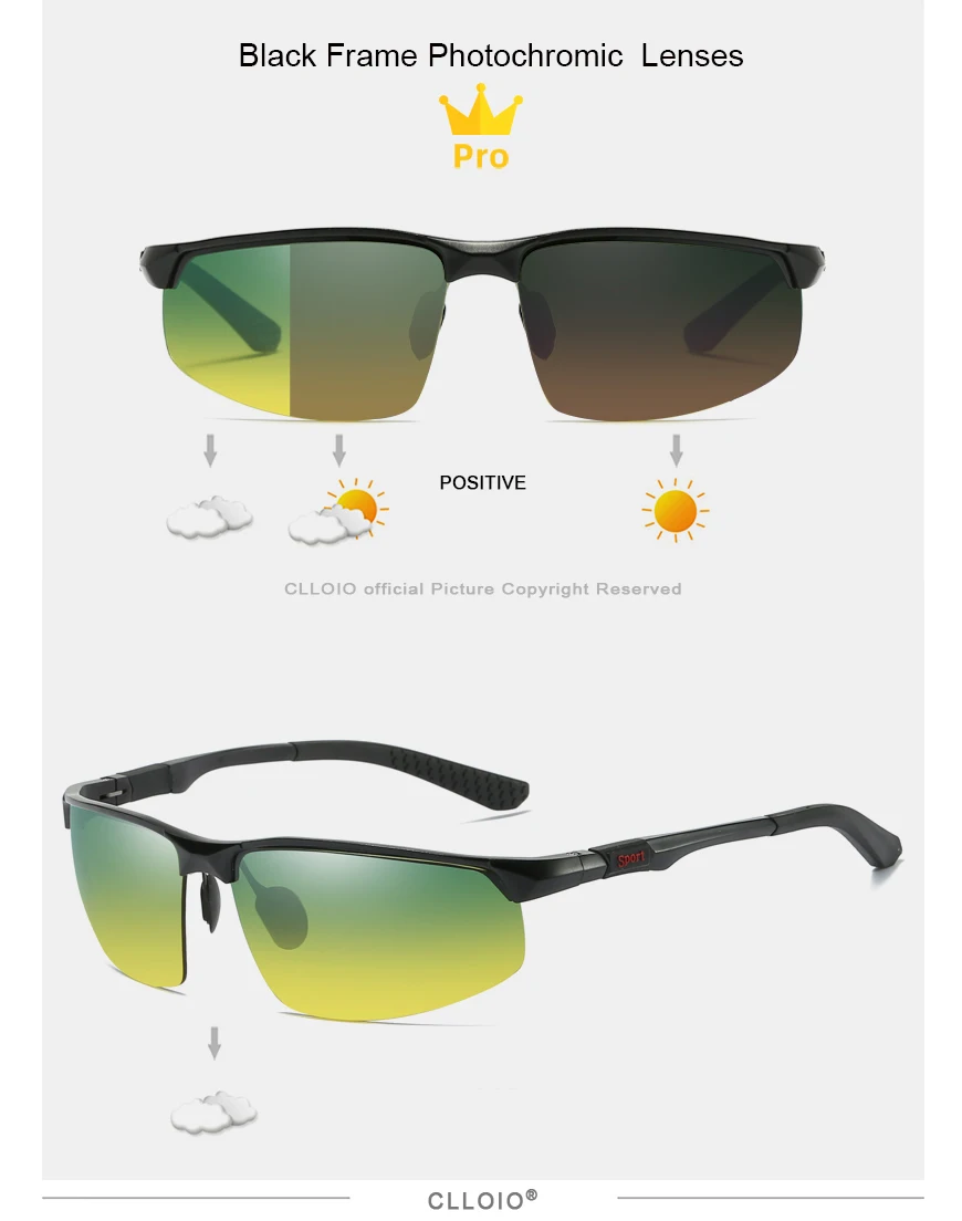 CLLOIO Photochromic Sunglasses Men Polarized Driving Chameleon Glasses Rimless Night Vision Outdoor Sport Travel Fishing Goggle