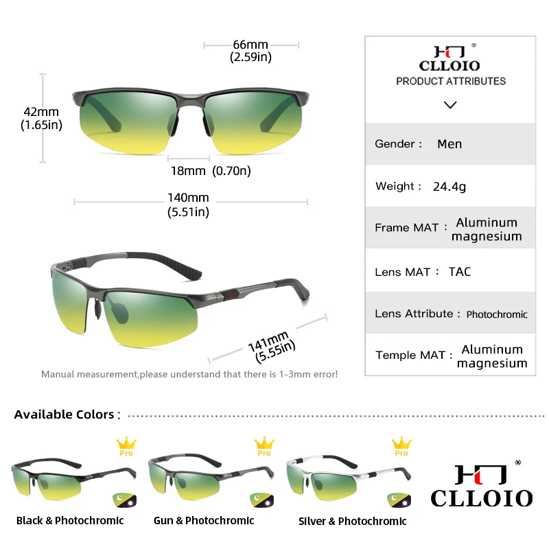 CLLOIO Photochromic Sunglasses Men Polarized Driving Chameleon Glasses Rimless Night Vision Outdoor Sport Travel Fishing Goggle