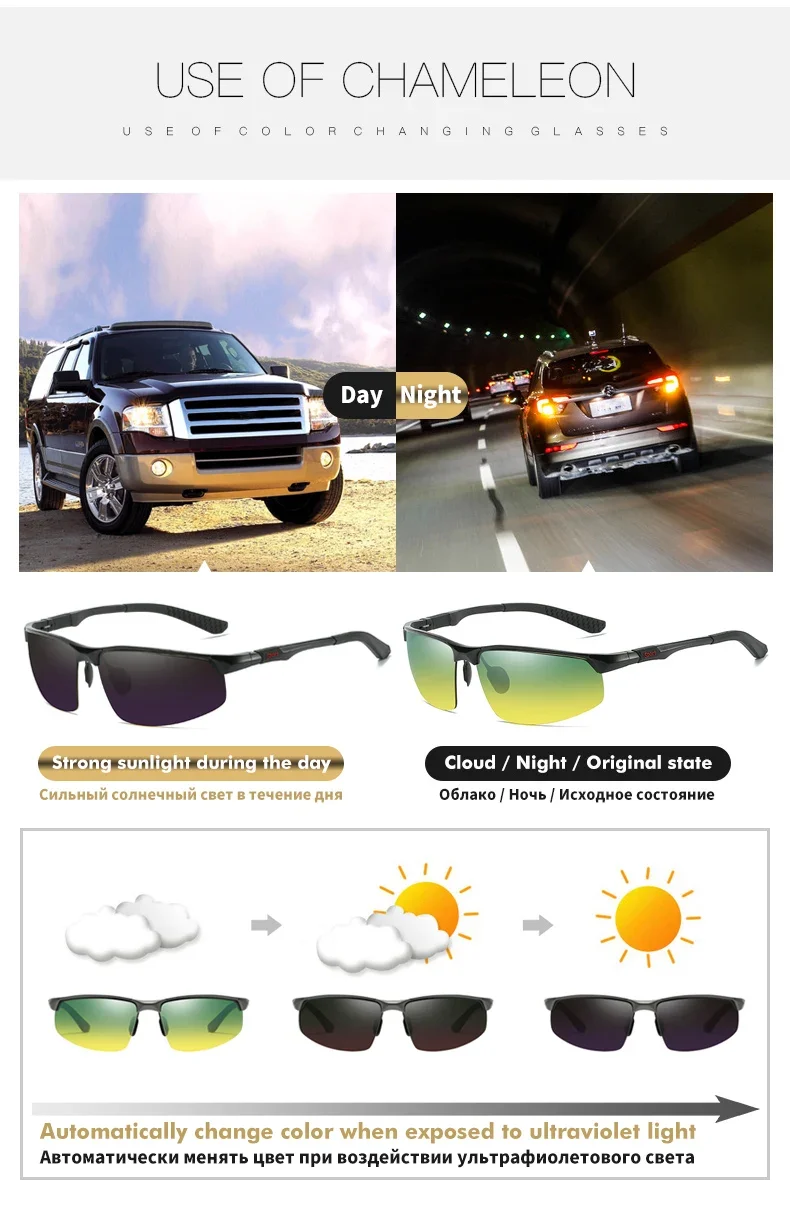 CLLOIO Photochromic Sunglasses Men Polarized Driving Chameleon Glasses Rimless Night Vision Outdoor Sport Travel Fishing Goggle