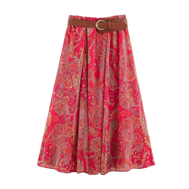 Elegant Chic Print Women Sets Comfortable Bow Halter Tops Belt Midi Skirts 2026 Summer Street Holiday Fashion Suits