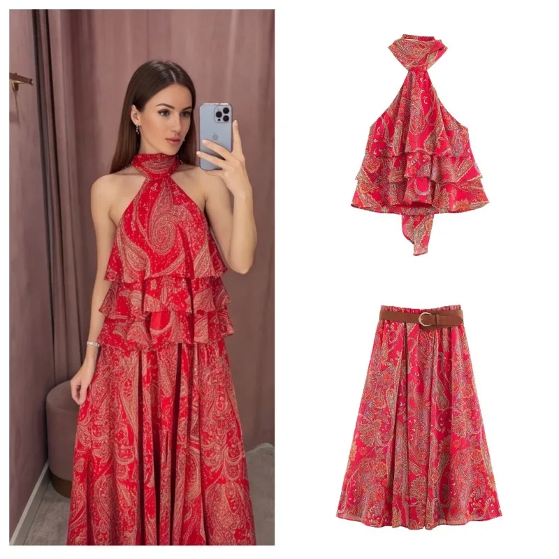 Elegant Chic Print Women Sets Comfortable Bow Halter Tops Belt Midi Skirts 2026 Summer Street Holiday Fashion Suits