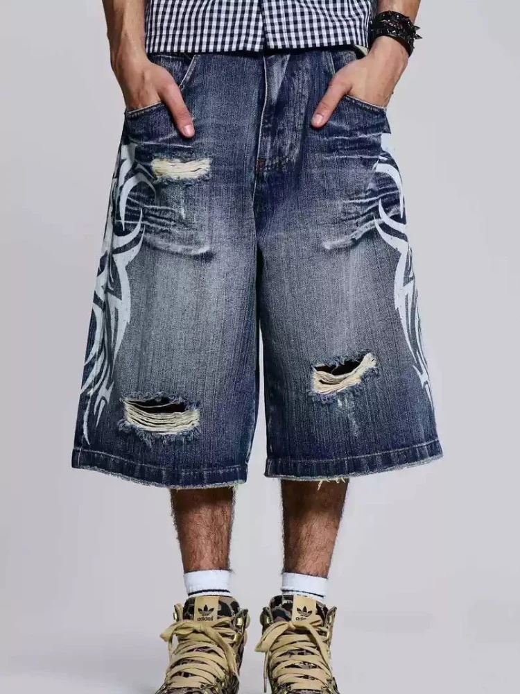 HOUZHOU Gothic Vintage Print Short Jeans Women Grunge Blue Oversize Distressed Jorts Wide Leg Pattern Denim Shorts Streetwear