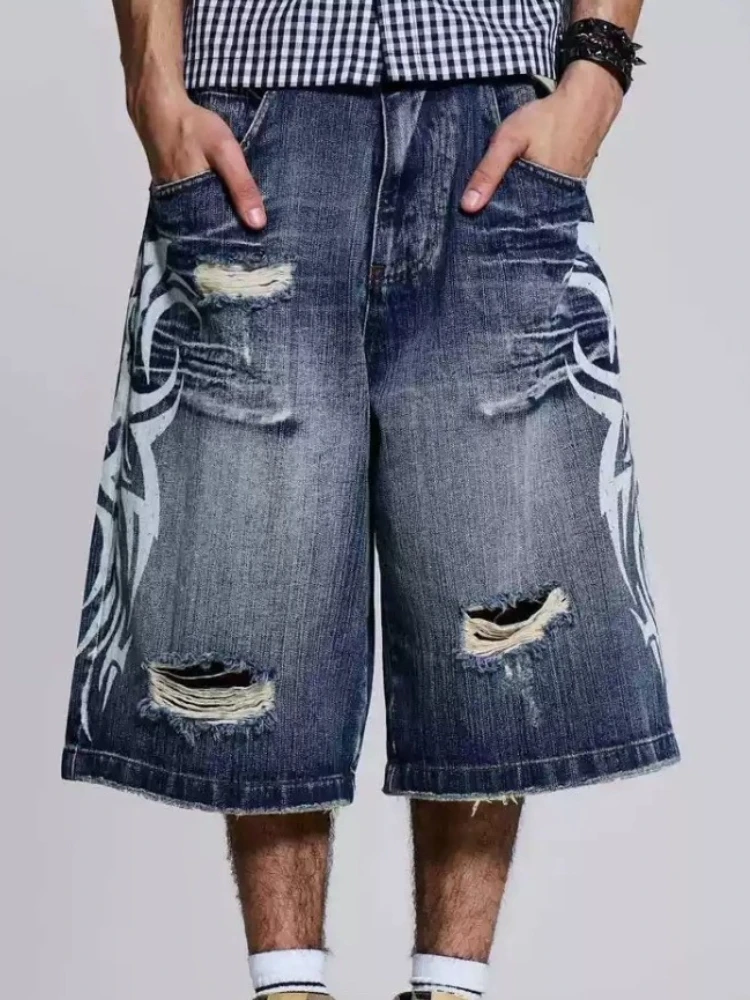 HOUZHOU Gothic Vintage Print Short Jeans Women Grunge Blue Oversize Distressed Jorts Wide Leg Pattern Denim Shorts Streetwear
