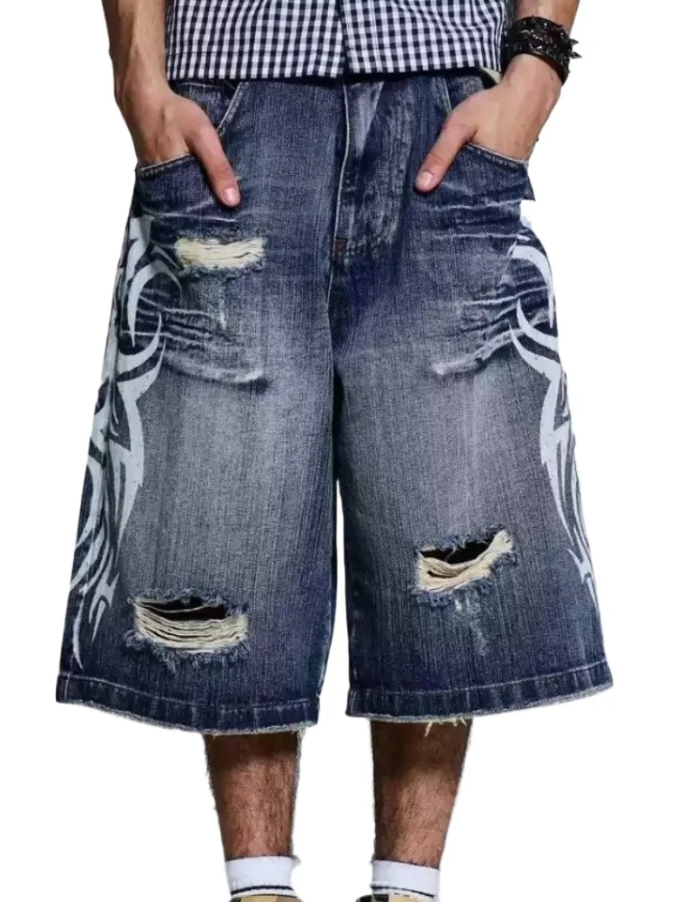 HOUZHOU Gothic Vintage Print Short Jeans Women Grunge Blue Oversize Distressed Jorts Wide Leg Pattern Denim Shorts Streetwear