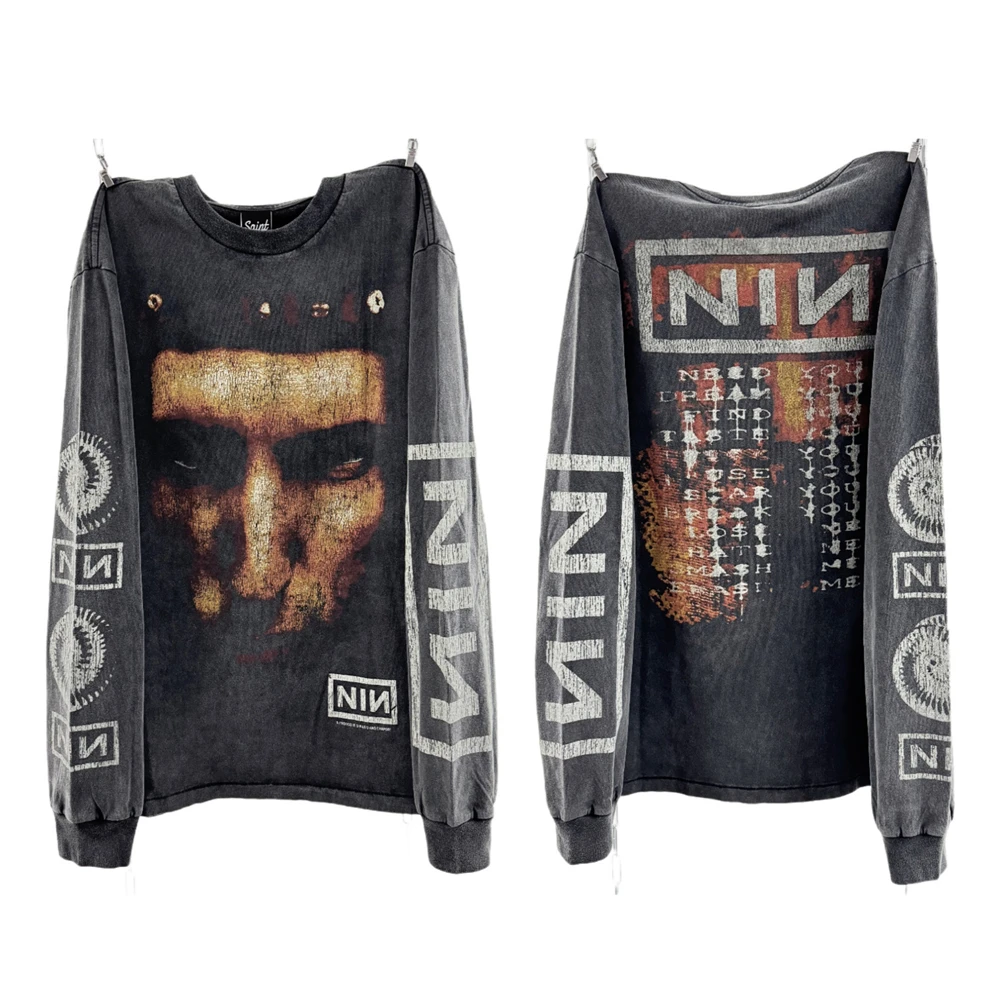 Washed Saint NIN Nine-inch Nail Long Sleeves T Shirt Men Women Oversized T-shirt Top Tees