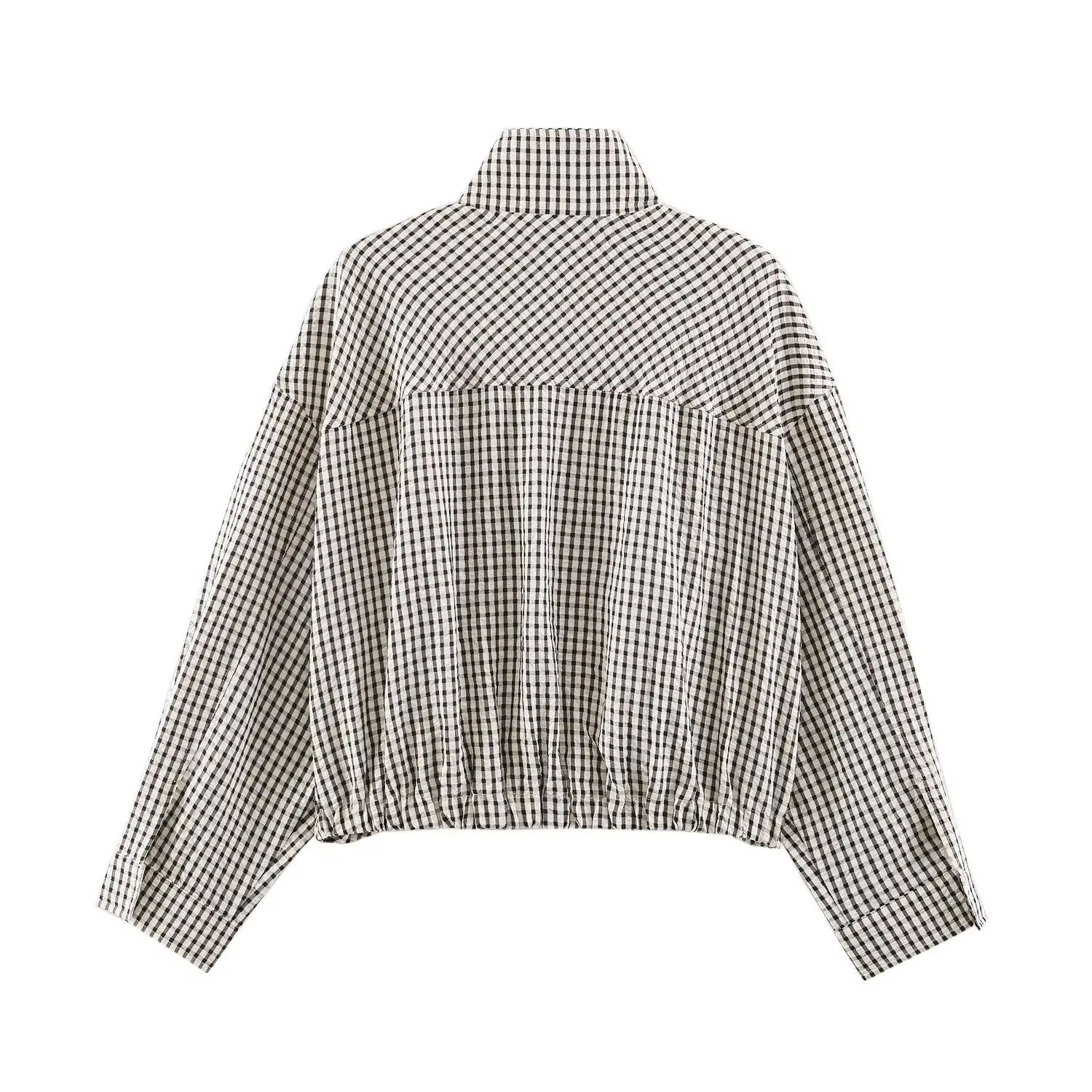 BSAY 2026 Minimalist Women Cropped Gingham Jacket Stand Collar Full Zip Pocket Long Sleeve Loose Vintage Plaid Daily Outer Top