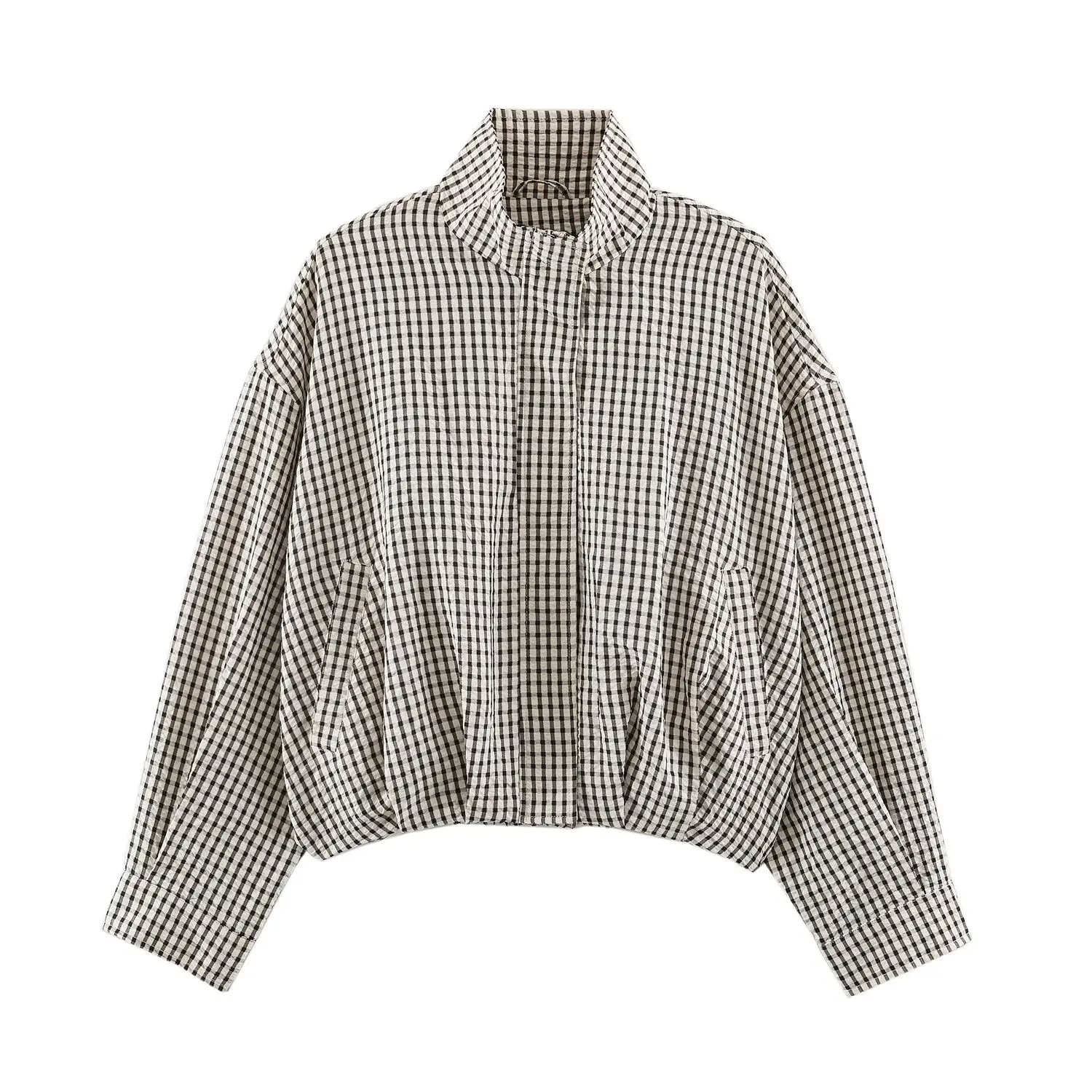 BSAY 2026 Minimalist Women Cropped Gingham Jacket Stand Collar Full Zip Pocket Long Sleeve Loose Vintage Plaid Daily Outer Top