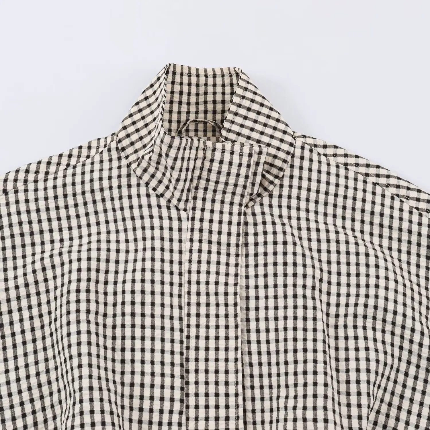 BSAY 2026 Minimalist Women Cropped Gingham Jacket Stand Collar Full Zip Pocket Long Sleeve Loose Vintage Plaid Daily Outer Top