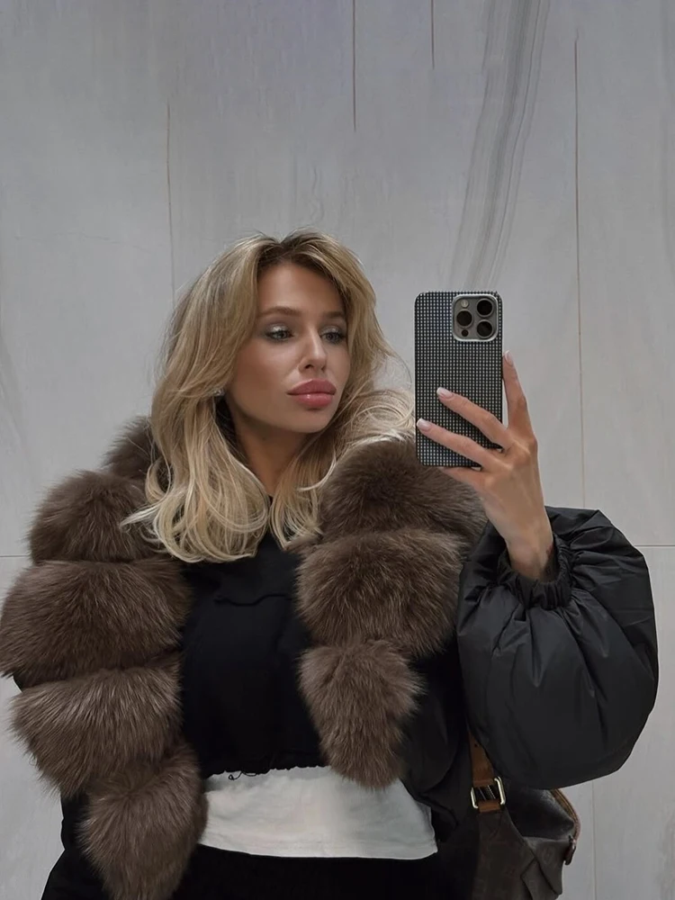 Luxury Thick Faux Fox Fur Collar Cropped Puffer Coat Women Oversized Lapel Zip Up Short Warm Windproof Winter Outerwear Jacket