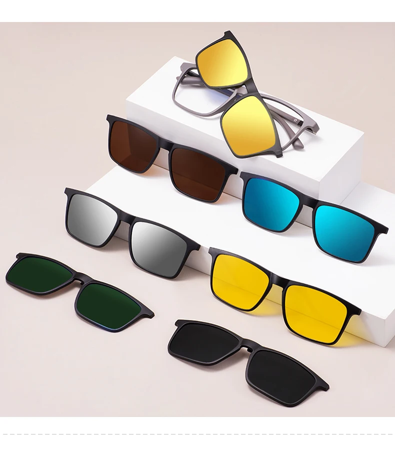Men and Women Square Full Rim Glasses Frame Polarized Clip on Sunglasses With Colorful Clip Ons For Prescription Lenses